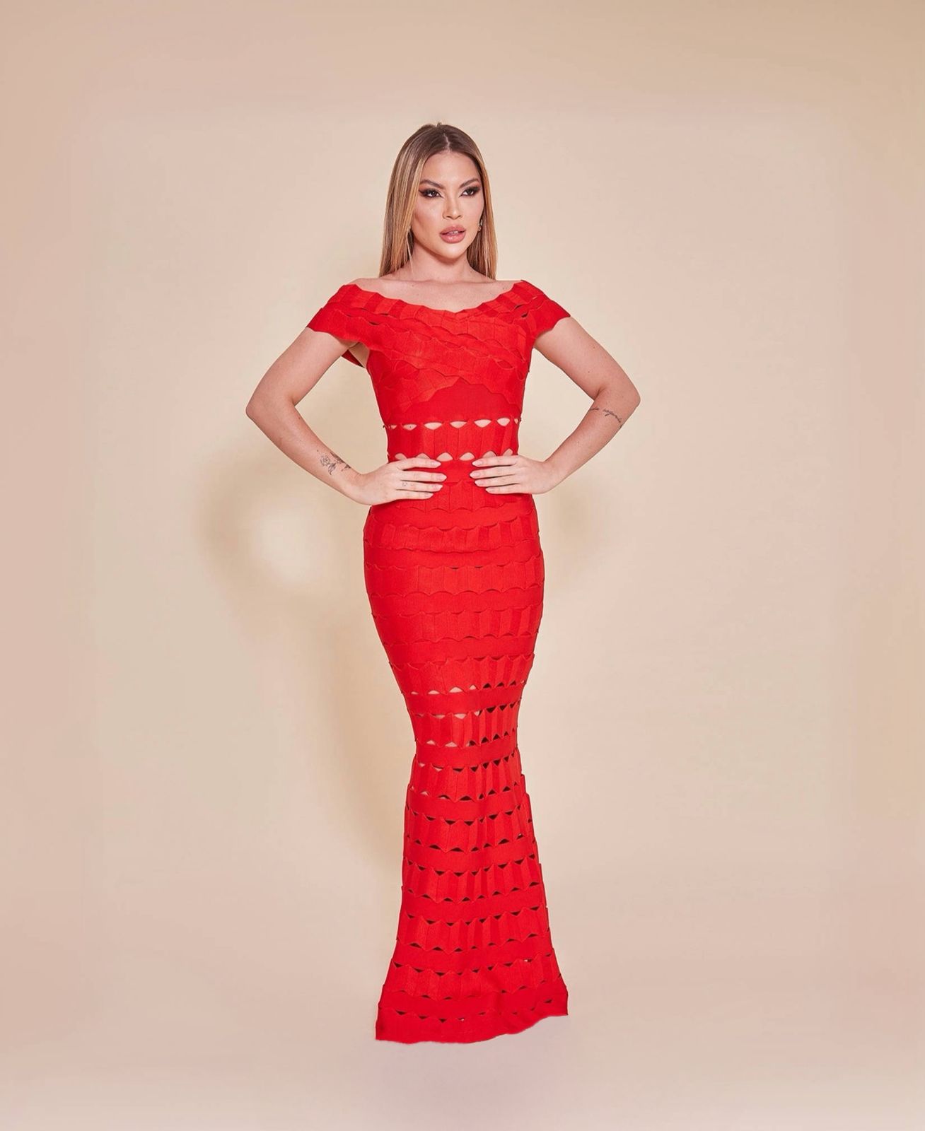 Vestido Bandagem Longo Helena Vermelho Bandage Dress